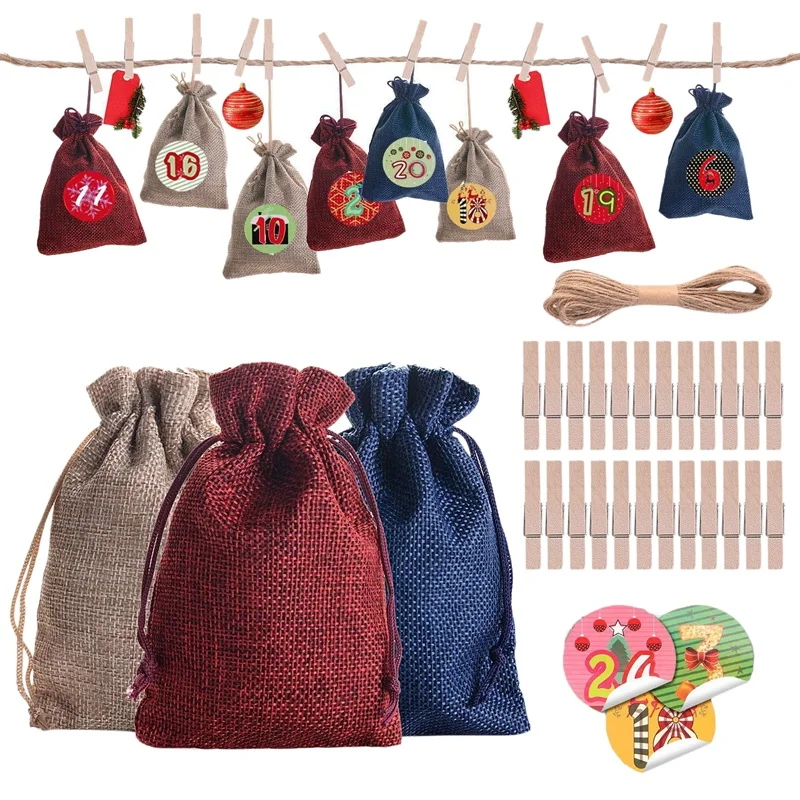 

HOT-24Pcs DIY Advent Calendars Bag Countdown Calendar To Christmas Drawstring Bags For Xmas Party Supplies 10X14CM