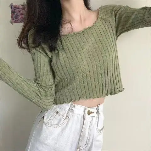 

Women Off Shoulder T-shirts Knitted Ruffles Hem Crop Tops Short Sleeve T-shirts For Women 2022 Summer Tops Female Green