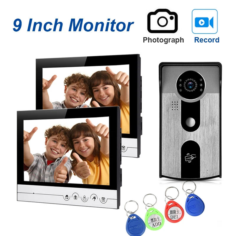 

9 Inch Touch Key Color Video Doorphone Intercom System Doorbell Kits With Recording And IR Night Vision Camera For Home Security
