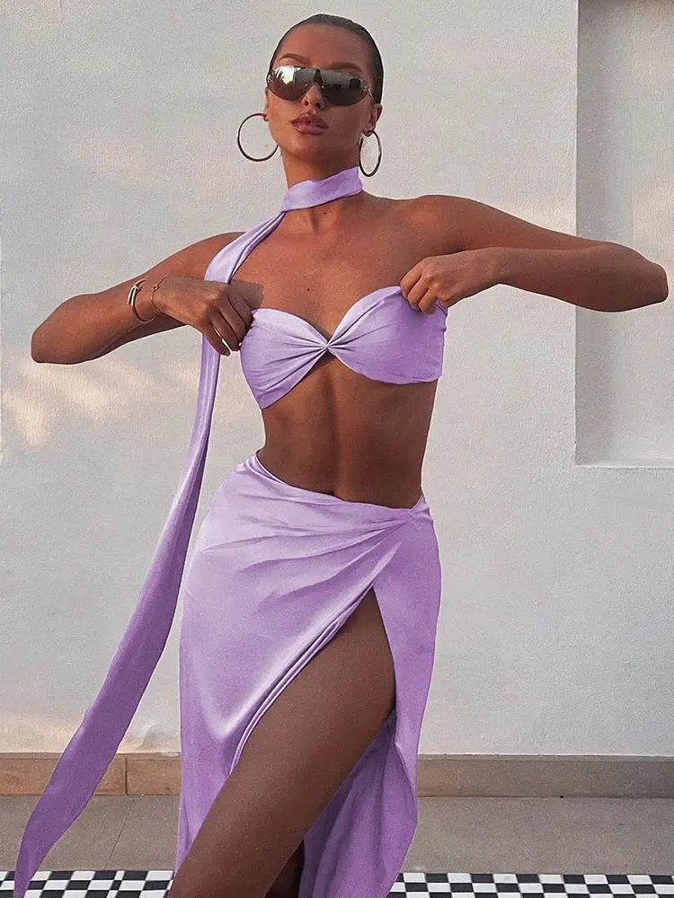 

Elegant Satin Strapless Purple High Slit Dress Sets for Women 2023 Summer Sexy Beach Holiday Outfits Club Party 2 Piece Sets