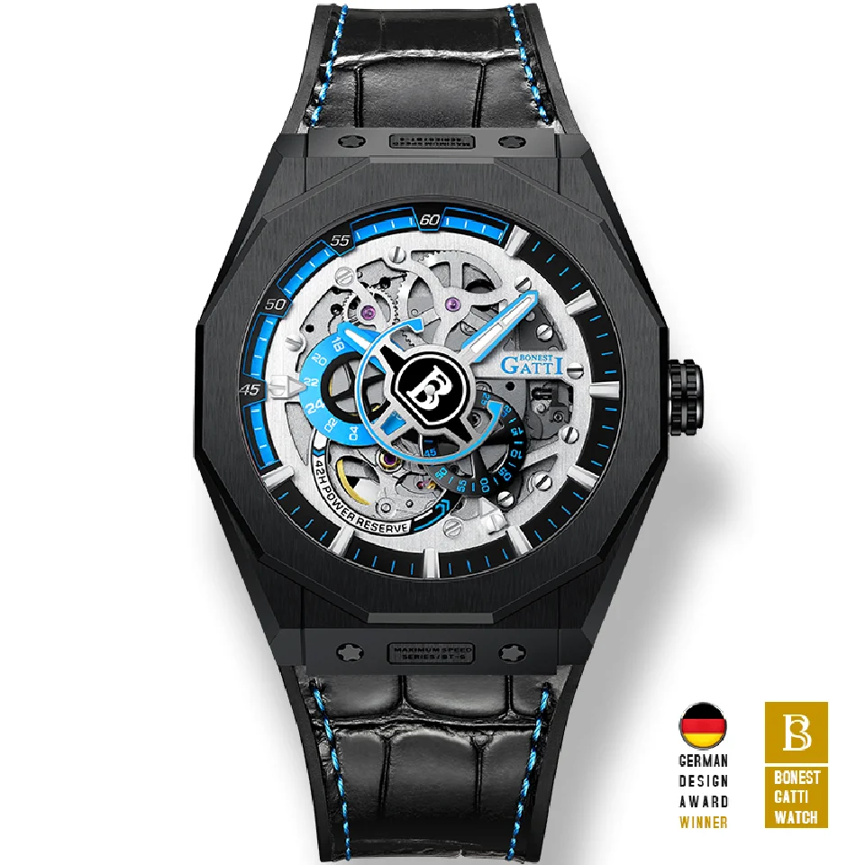 

BONEST GATTI Men Automatic Watch Luxury Mechanical Wristwatch Hollow Out Dial 50M Waterproof Luminous Sapphire Leather Strap