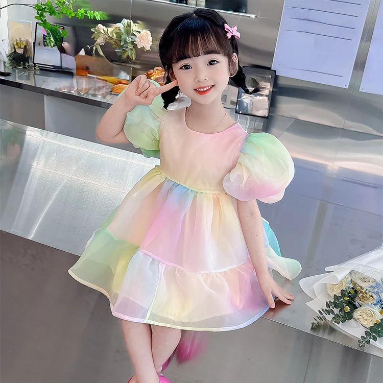 

2023 Summer Girl Dress Birthday Party Princess Dress Short Sleeve Colorful Children Gown Wedding Tutu Dresses Vestidos