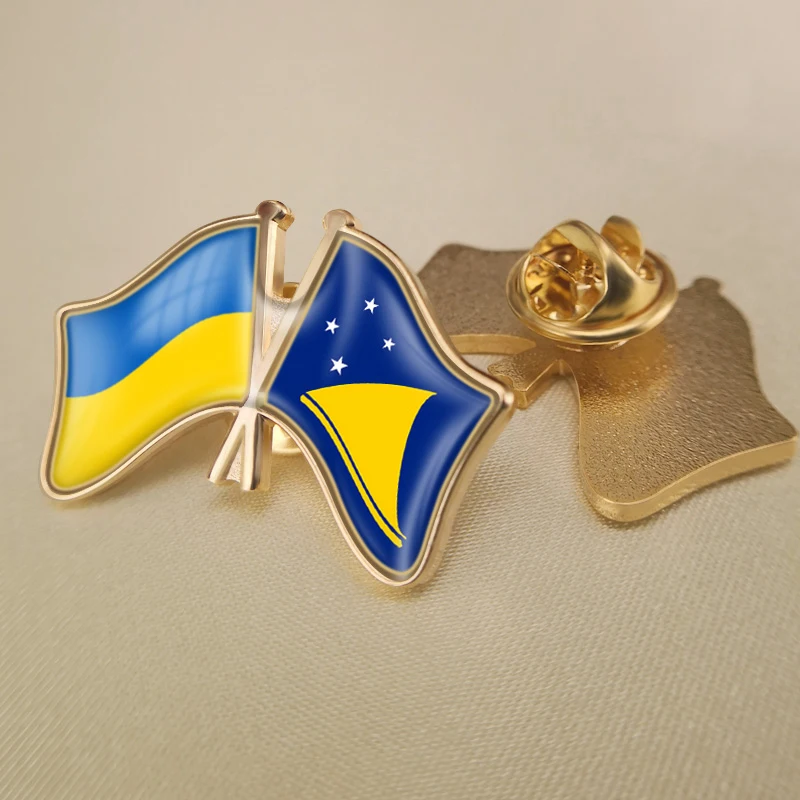 

Ukraine and Tokelau Crossed Double Friendship Flags Lapel Pins Brooch Badges