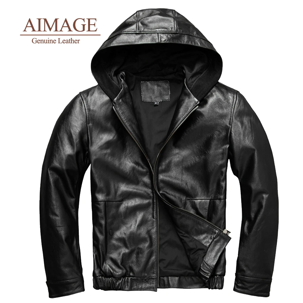 

100% Natural Cowhide Leather Overcoats Men Hoodie Jaqueta Inverno Zipper Up 양모 가죽 Male Real Leather Black Top Gun Jacket PY295
