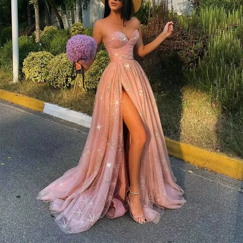 

2021 new European and American foreign trade women's sexy bronzing chest wrapped split dress dress PD