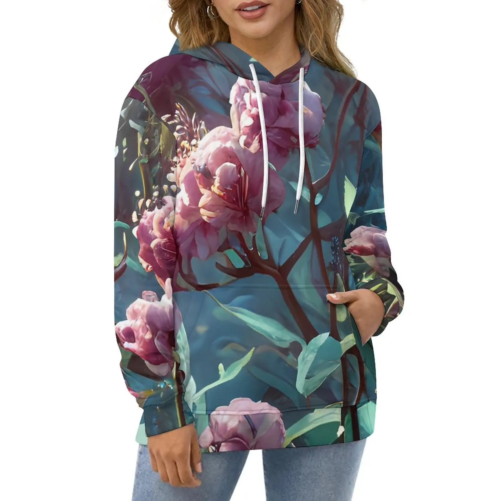 

Floral Surface Casual Hoodies Pink Flower Print Pretty Graphic Loose Hoodie Autumn Long Sleeve Street Style Oversize Sweatshirts
