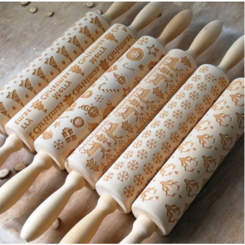 

Embossing Wooden Rolling Pin Baking Cookie Noodle Biscuit Waffle Engraved Roller Christmas Reindeer Snowflake Easter Egg Rabbit