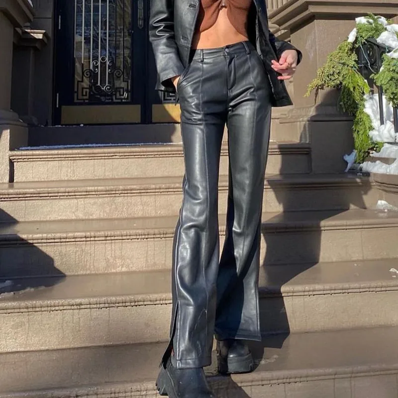 

Women Faux Leather Pants PU High Waist Black Sexy Hip Lift Straight Leg Fashion Casual Leather Pants High Quality Korean Fashion