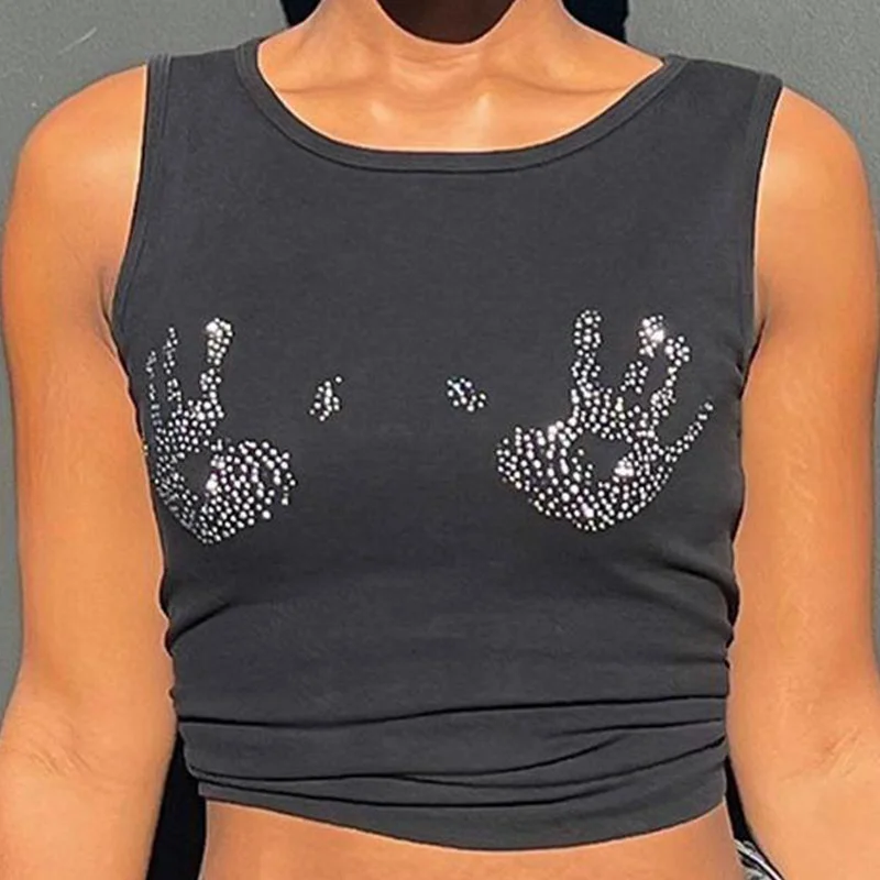 

Y2K Trendy Women's 2022 Summer New Round Neck Hot Diamond Sleeveless Open Umbilium Slim Fit Tank Top T-shirt