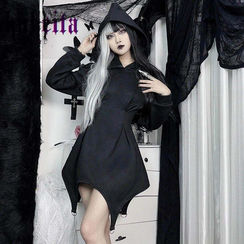 

Gothic Irregular Black Dress With Hood Long Sleeve Women Dress Autumn Fashion Asymmetrical High Waist Punk Party Dress