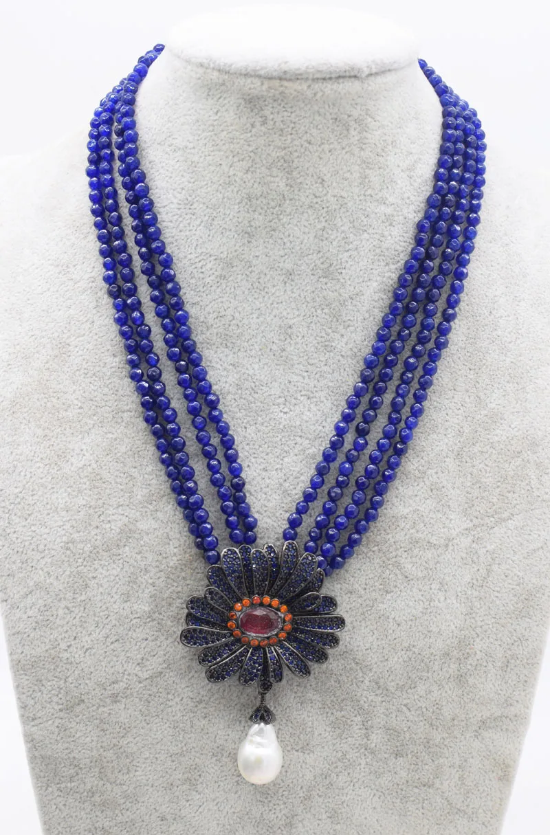 4rows freshwater pearl baroque & blue jade round faceetd   necklace& blue flower zircon  17inch wholesale beads
