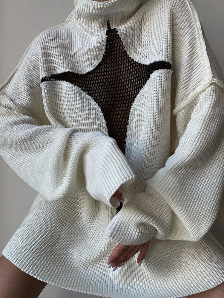 

Женский свитер оверсайз Y2K, осенне-зимние вязаные пуловеры свободного кроя, ажурная сетчатая водолазка в стиле пэчворк, женская уличная одежда