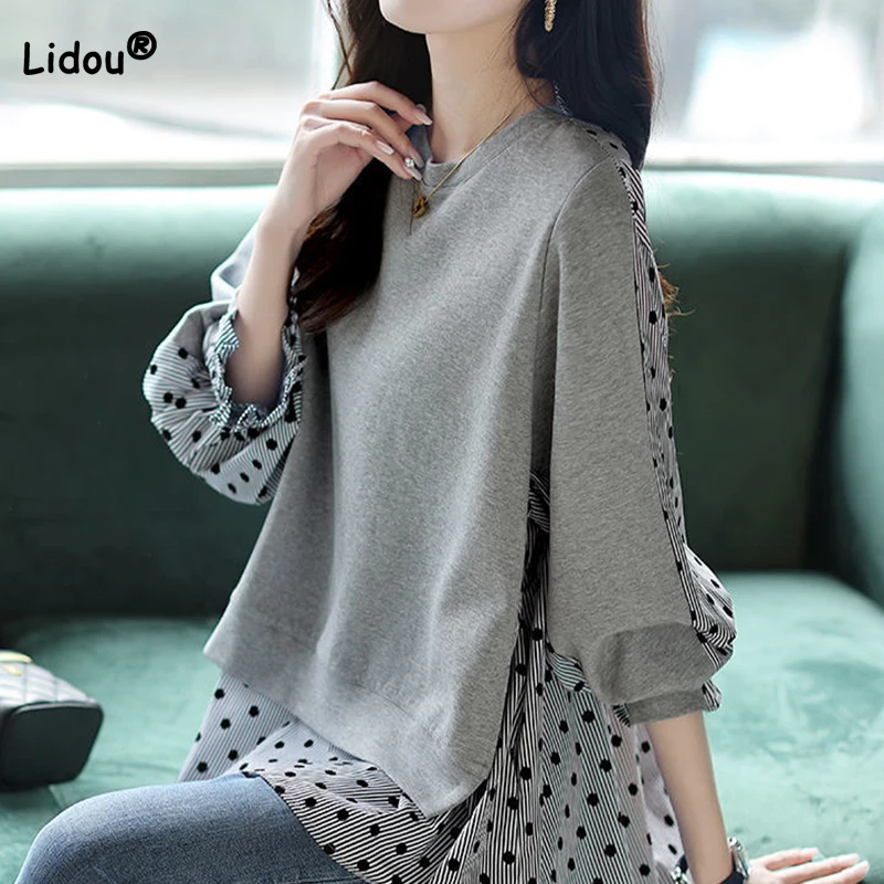 Купи Polka Dot Print Loose Round Neck Long Sleeve T-shirt Autumn Korean Fashion Two Fake Pieces Striped Grey Pullover Tops Women Wear за 1,192 рублей в магазине AliExpress