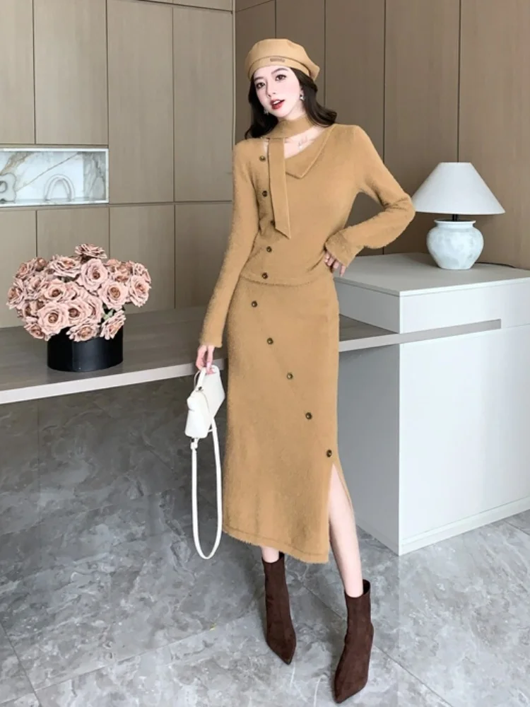 Вязаный комплект из двух предметов норкового меха женский новый осенне-зимний