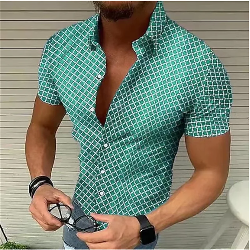 

Men's casual short-sleeved shirt Small plaid summer high quality solid color shirt men's beach top