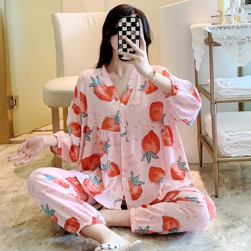 2023 New Pajamas for Women's Spring and Autumn Thin Japanese Style Three-quarter Sleeve Cardigan Pure Cotton Home Service Suit