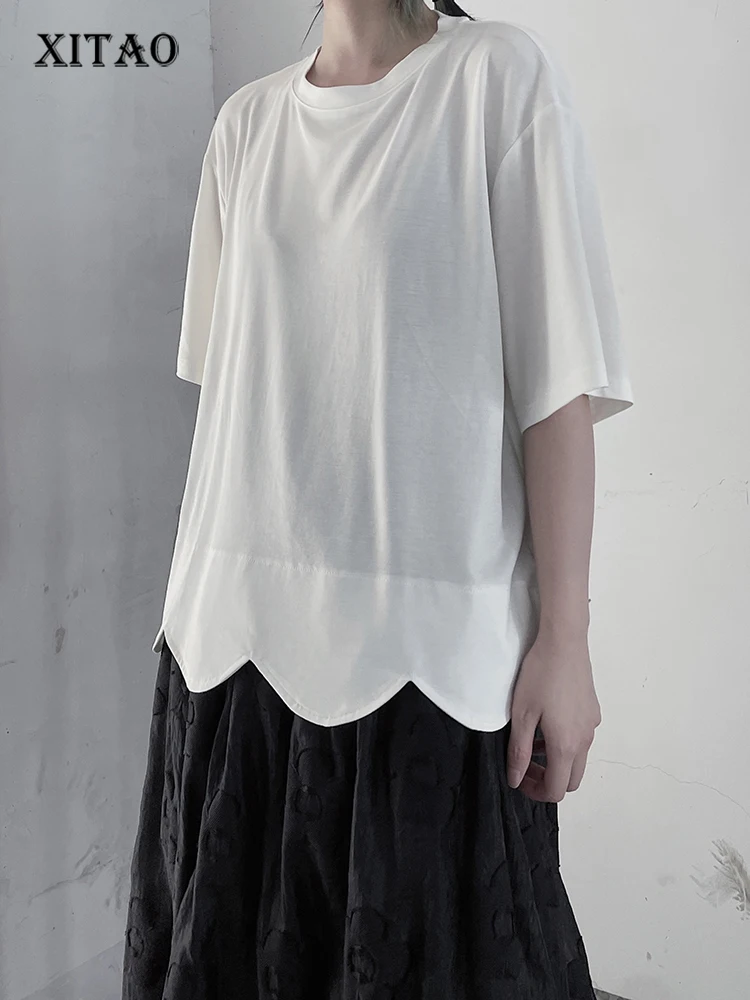 

XITAO, модная повседневная футболка, однотонная, простая, Ниша, лепестки, край, асимметричный, Женский Топ, летний, новый, свободный, универсаль...