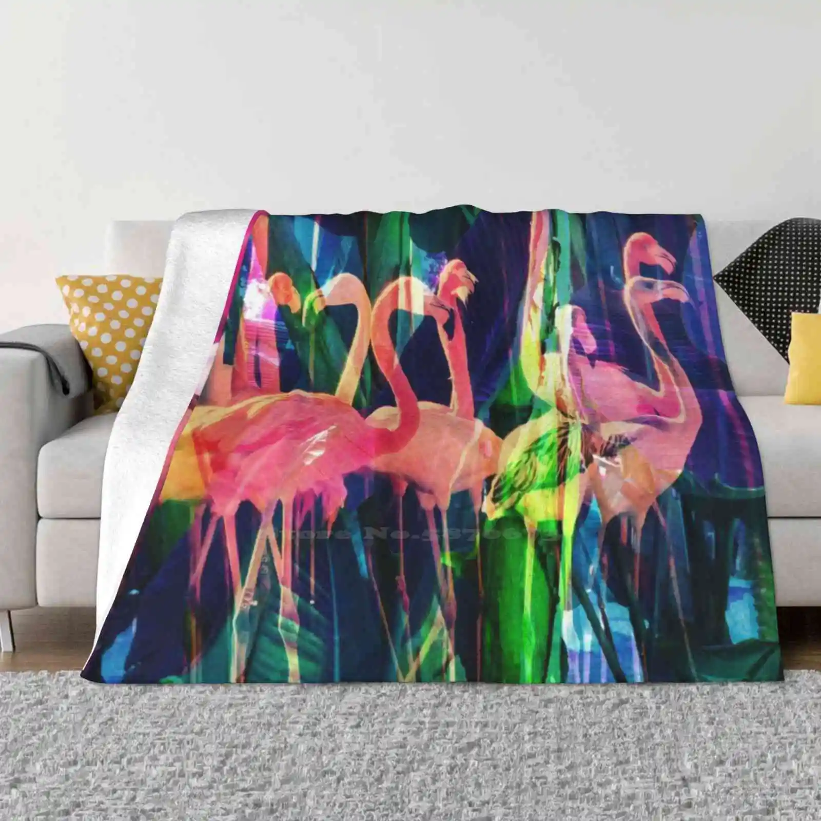 

Яркое фланелевое одеяло с принтом фламинго, фламинго, цветочные цветы, тропические растительные листья, розовый цвет