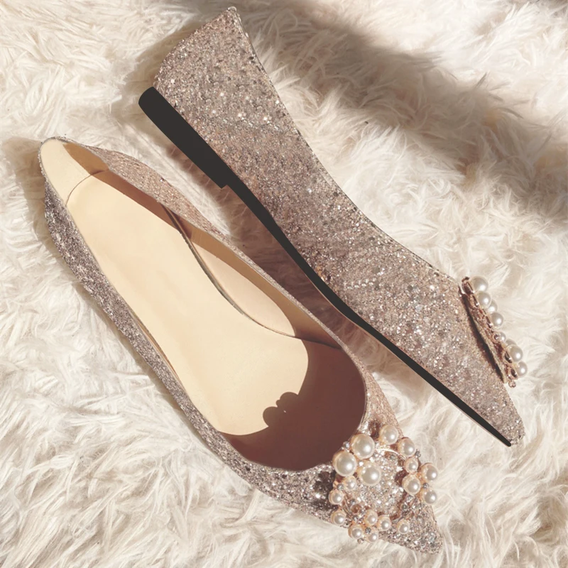 

Pearl Bead Flower Wedding Shoes Woman Luxury Gold/silver Glitter Flats 34-44 Big Size Bride Shoes Pointed Toe Chaussure Femme