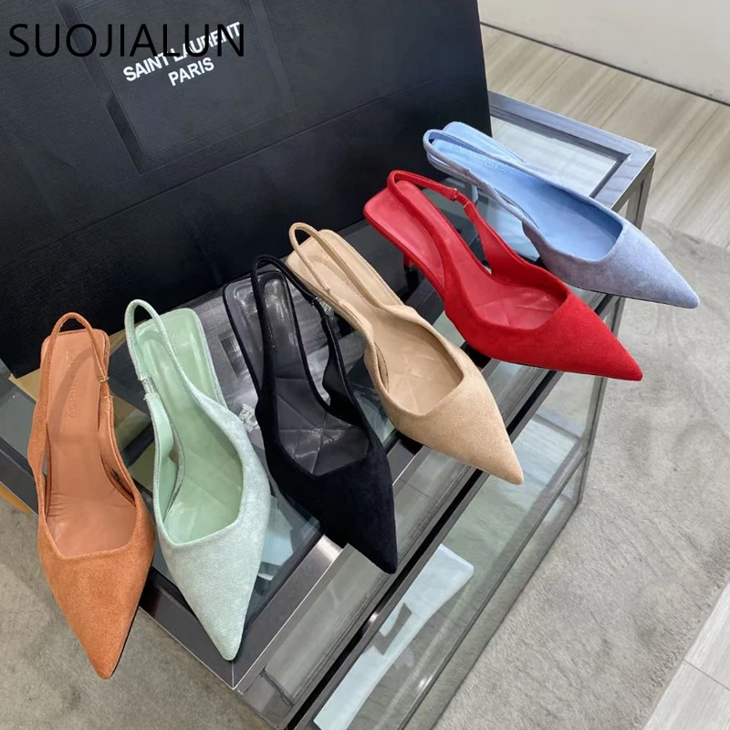 

SUOJIALUN Spring New Brand Poined Toe Women Sandal Fashion Thin High Heel Ladies Elegant Dress Pumps Shoes Female Slingback Mule