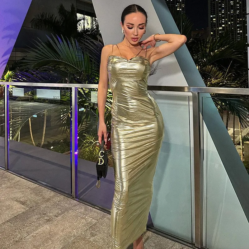 

Korean Dress For Women Ladies 2023 Elegant Party Summer New Pure Color Stamping Shiny Metal Rope Sleeveless Solid Spandex