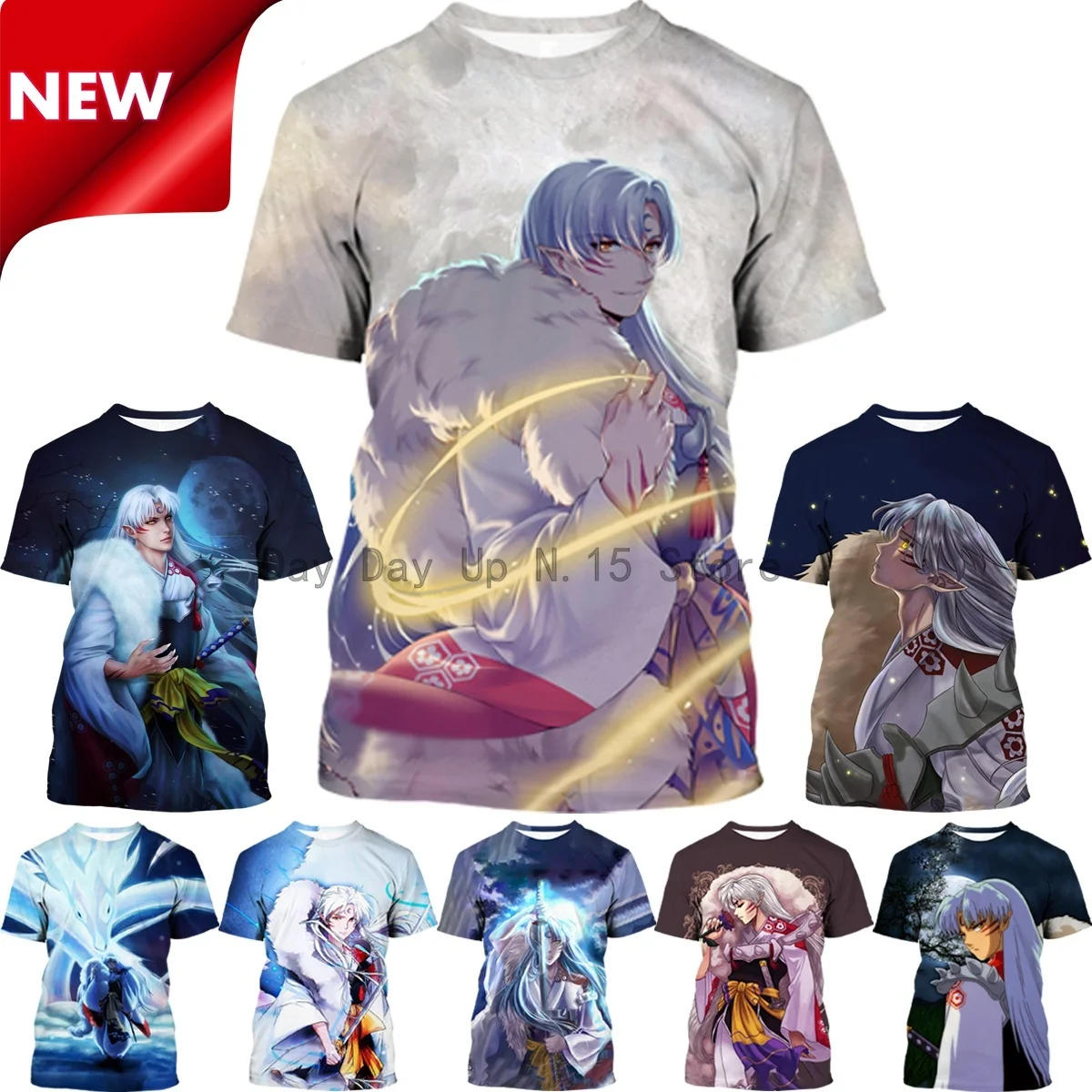 

2022 Summer New Fashion Popular Japanese Anime Inuyasha Sesshomaru Pattern 3D Printing Round Neck Casual Top