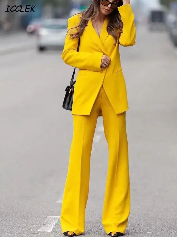 Icclek 2022 весенние женские блейзеры и брюки желтая твидовая куртка женский брючный