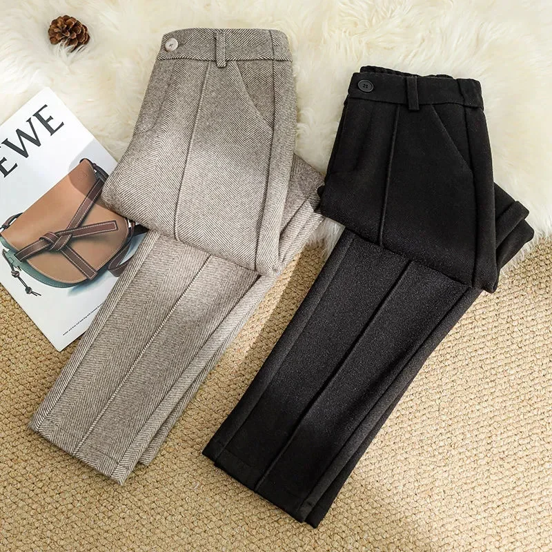 

Wool Pants Women Autumn Winter 2022New High Waist Trousers Slimming Velvet Padded Casual Harem Pants Wear Warm Pants Female Tide