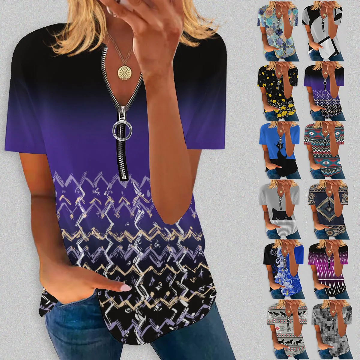 

Spring and Summer Temperament Commuter Women's Ethnic Style Printed Cotton Short Sleeve V-Neck Zipper T-shirt Top