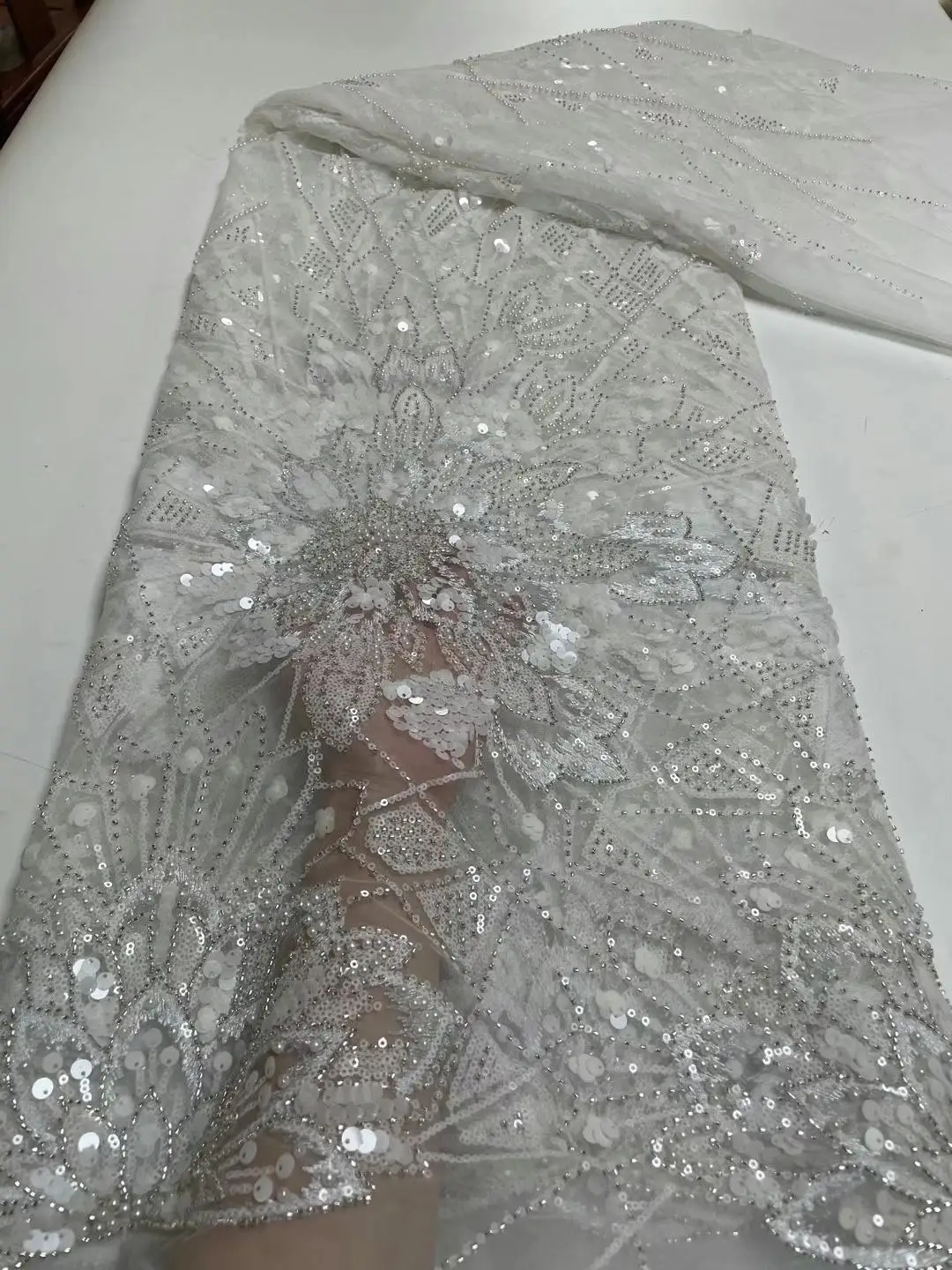 

Familiar High-End Sequins Embroidery French Mesh Lace Fabric Latest African Handmade Beads Tulle Lace Fabrics for Party DX12501