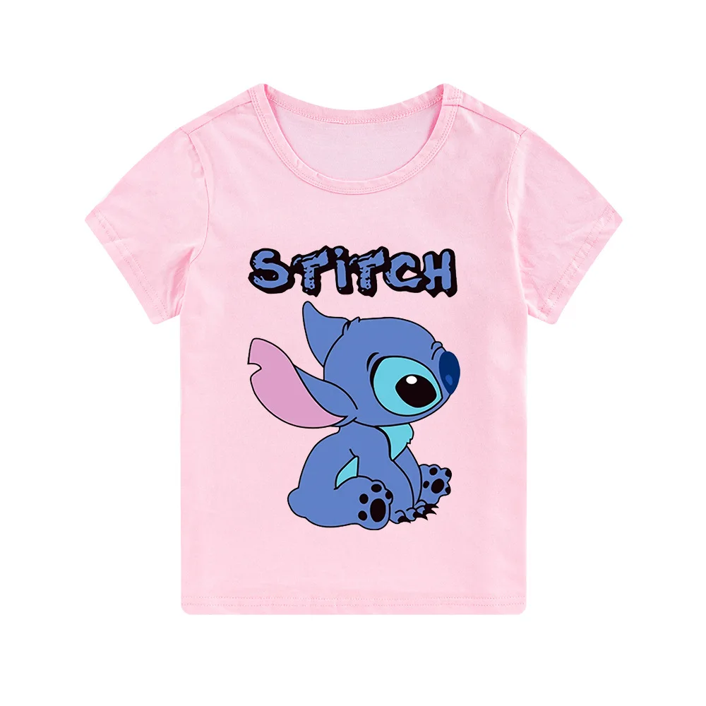 

2022 Summer Disney Stitch 2-16 Years Old Summer Cotton Sweat Absorbent Breathable Boys Short Sleeve T-Shirt Girls Tops