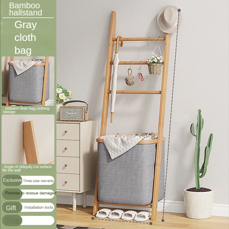 

Japanese Bathroom Toilet Shelf Solid Wood Thickened Coat Rack Modern Simple Household Trapezoid Against Wall Dirty Clothes