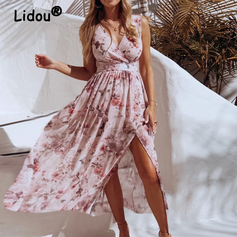 

Summer Fashion Slim V-Neck Chiffon Dress Sexy Sleeveless Hollow Slit Maxi Dress Women Elegant Floral Print Party Dresses Female