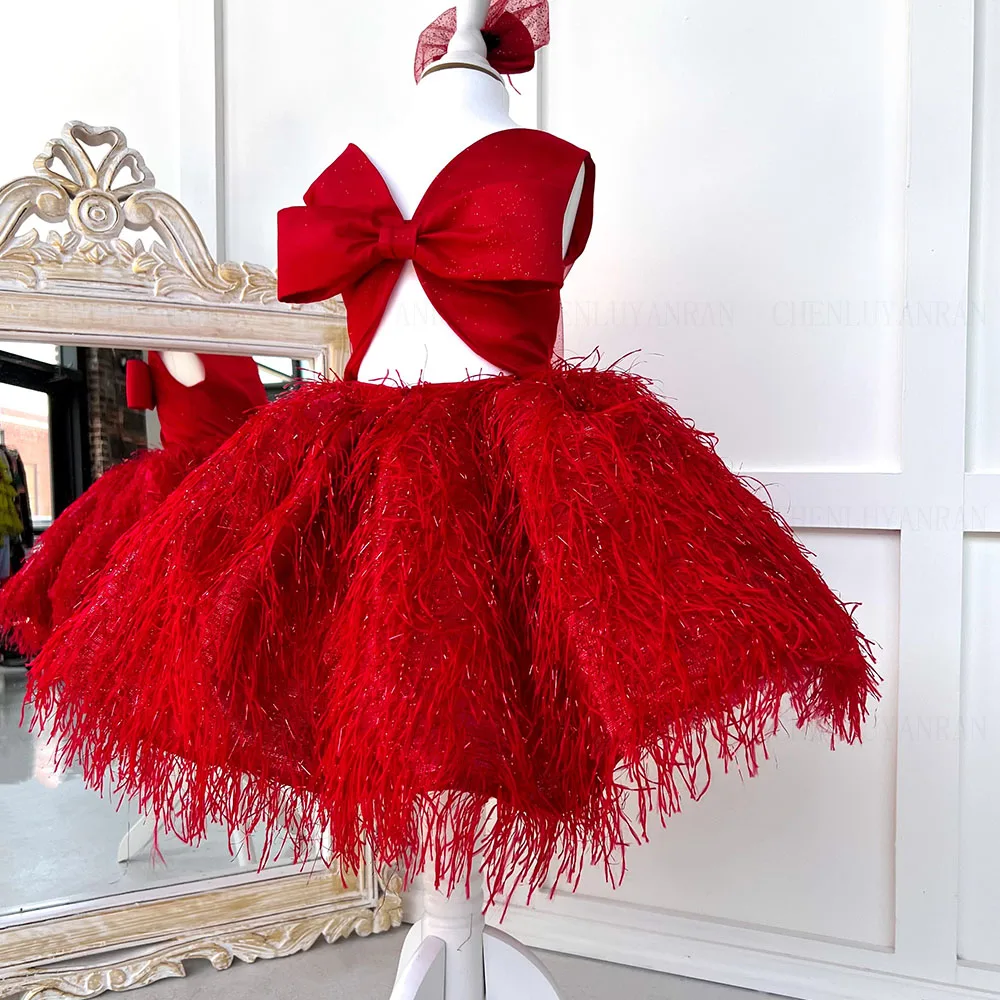 

Glitter Red Flower Girls Dresses 2023 O-Neck Backless Bow Wedding Party Dress A-Line Knee-Length Puffy Girl Princess Gowns
