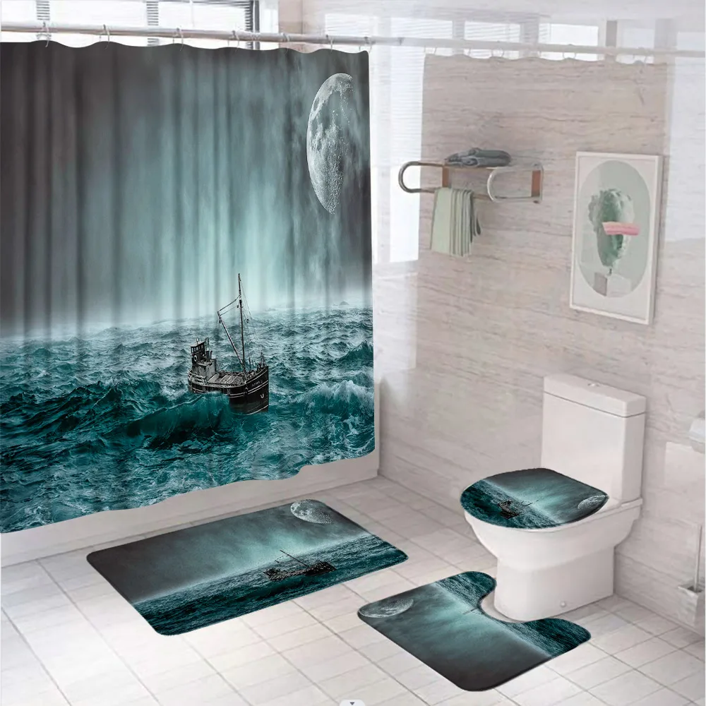 

Sailing Boats Sea Shower Curtain Sets Full Moon Night Scenery Nautical Ocean Waves Bathroom Curtains Bath Mats Rugs Toilet Cover