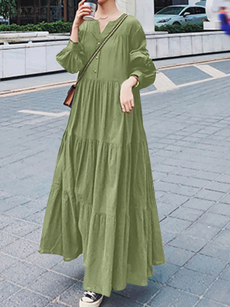 

2022 ZANZEA Women Maxi Long Dress Spring V Neck Long Sleeve Ruffles Sundress Casual Loose Solid Vestido Robe Femme Oversize