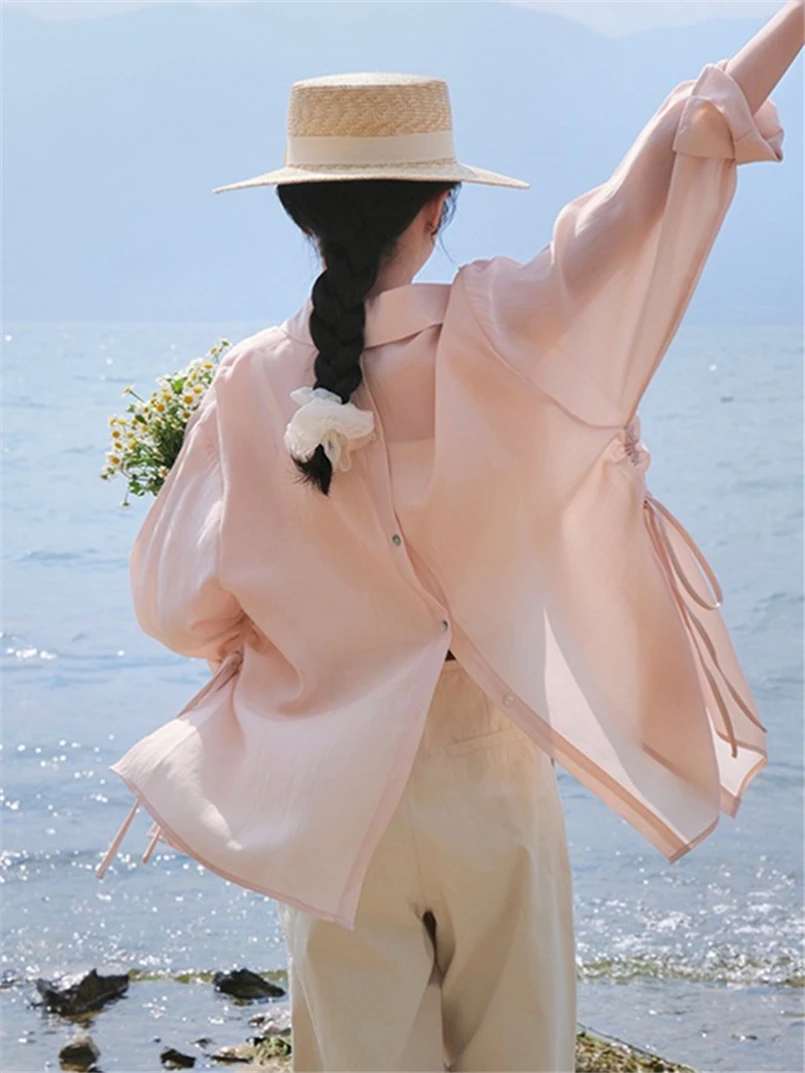 

Beach Thin Lyocell Cardigan Women Solid Turn Down Collar Long Sleeves Outwear Female Casual Loose Tops Fashion Ins Chic Blouse