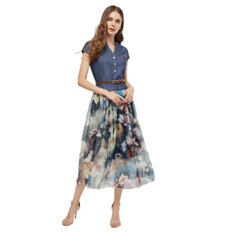 

Spring Summer New Fashion Women's Dress Denim Print V-Neck Slim Fit Mid length Dresses