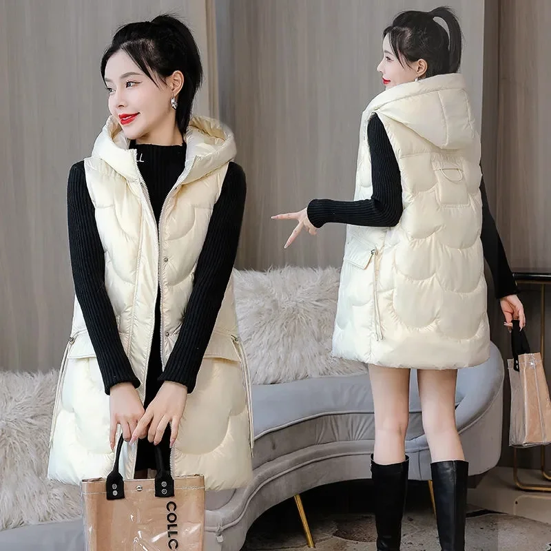 

2023 New Winter Hooded Vest Down Jacket Female Parkas Sleeveless Coat Thicken Long Casual Zipper Outwear Women's Waistcoats