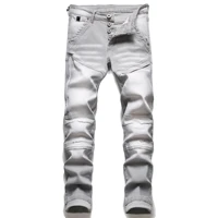 jeans patchwork ripped motor fashion trendi pria abu abu denim bertumpuk high street pants custom clothing