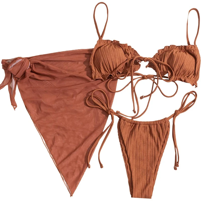 

2022 Sexy Woman Women's Wrap Triangle Bikini Bathing Suits with Mesh Beach Skirt 3 Piece Swimsuits Fashion Bikini Set