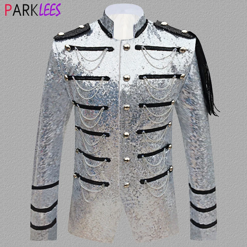 Shiny Silver Sequin Military Blazer Jacket Men Stage Party Steampunk Mens Suit Jacket Singer Show DJ Rock and Roll Costume Homme