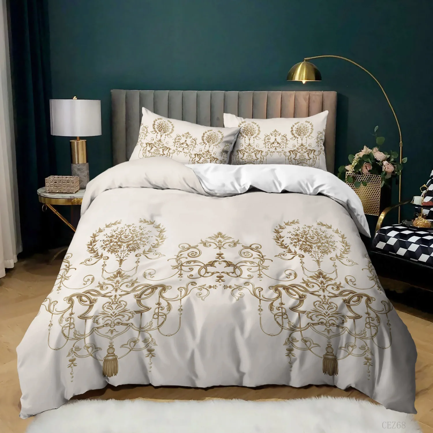

Set Green White 3 Piece Bedding Set Full/Queen/King Size, Luxury Simple Soft Comfortable Floral Print Quilt Cover Duvet Cover