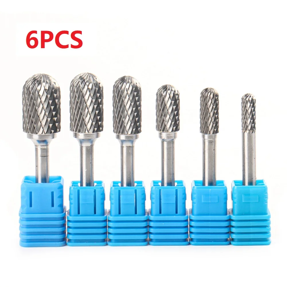 

6pcs CX Type Head Tungsten Carbide Rotary File Grinding Head C Type Double Cut Solid Groove Drill Milling Carving Bit Tool