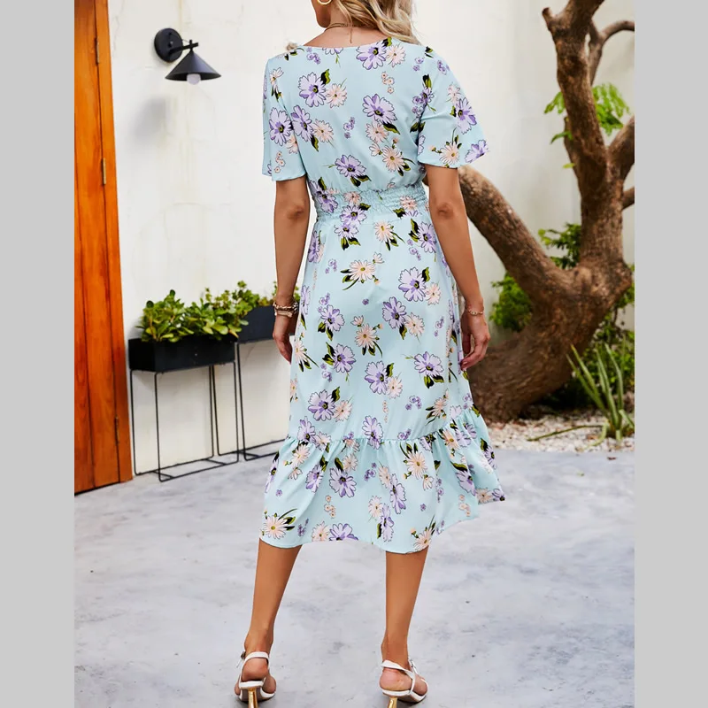 

Women's Dresses Summer 2022 Floral Print Bohemian Casual Short Sleeve Ruffles V-Neck High Waist Beach Flowy Swing Maxi Dress