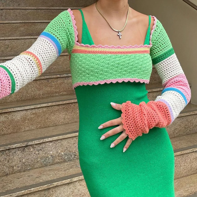 

Women Knitted Crop Tops Fashion Streetwear Patchwork Square Neck Long Sleeve Off Shoulder Hollow Out Novel T-Shirt Female