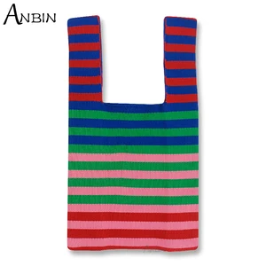 Fashion Stripe Knitted Fabric Women Shoulder Bag Colour Blocking Design Pleated Bags Woolen Cloth Ha in Pakistan