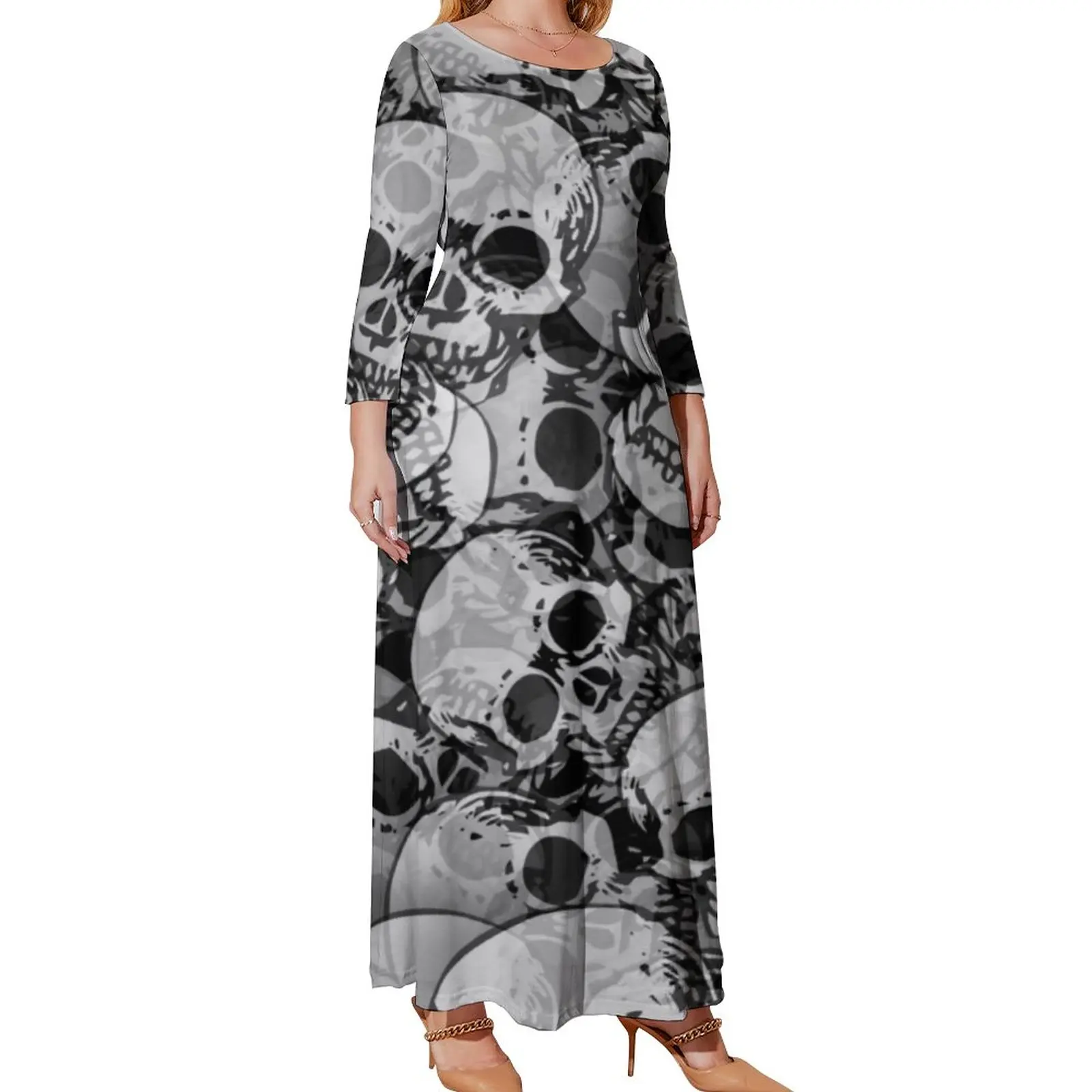 Spooky Halloween Ghost Dress Long-Sleeve Skulls Print Kawaii Maxi Dress Daily Street Wear Beach Long Dresses Plus Size 4XL 5XL