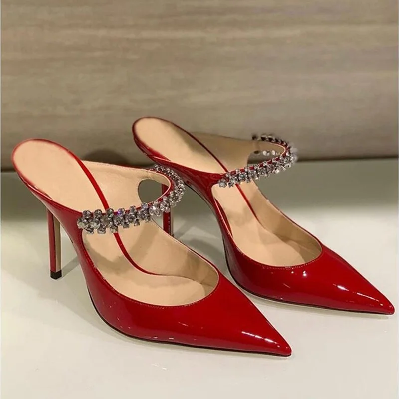 New Burgundy Velvet Crystal Strap High Heel Mules Pointed Toe Low Heels Dress Shoes Cut-outs Lady Party Celebrating Shoes