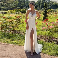 simple front slit draped chiffon wedding dress sexy v neck spaghetti strap applique lace bridal wedding party gown for 2022